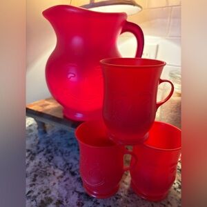 Set of vintage red Kool-Aid Man plastic pitcher & cups 1980s promotional item